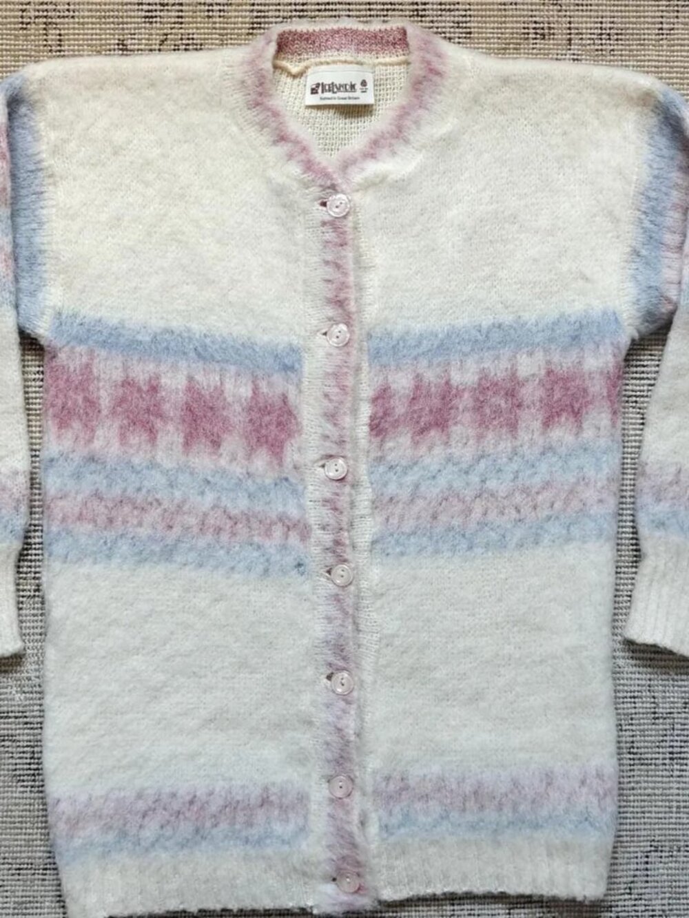 Vintage 80s Icelandic Pure New Wool Striped Fuzzy Cardigan Sweater Women's L
